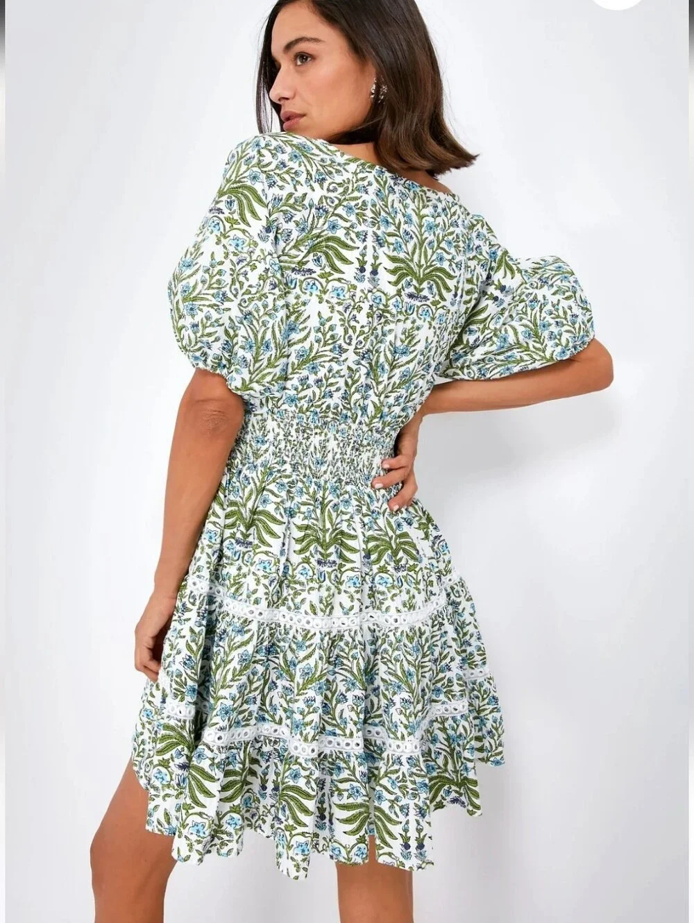 SAYLOR White Floral Puff-Sleeve Mini Dress with Green Print - Picture 4 of 16
